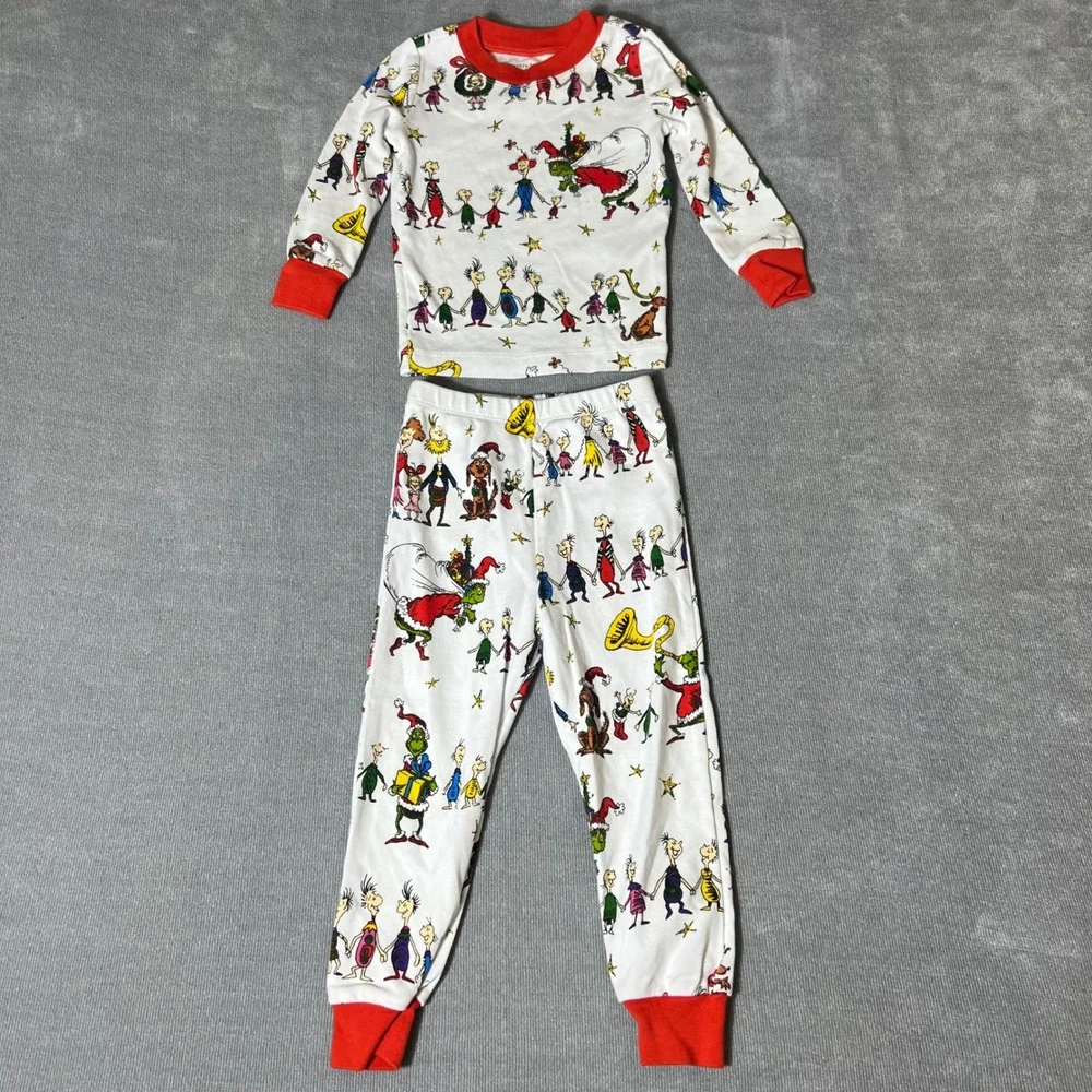 Pottery Barn Kids Dr Seuss The Grinch Organic Cotton Pajamas Set 2T White Red